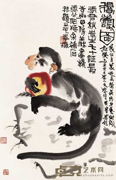 李燕 张君秋 曹俊义 1990年作 得寿图 镜心 67×43cm